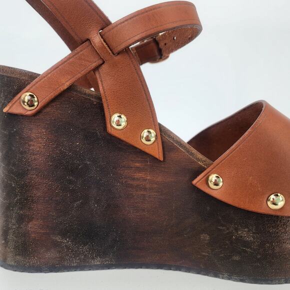 Celine Wooden Platform Wedge Sandals Tan Leather Gold Studs 37 (US 7) - Picture 16 of 17